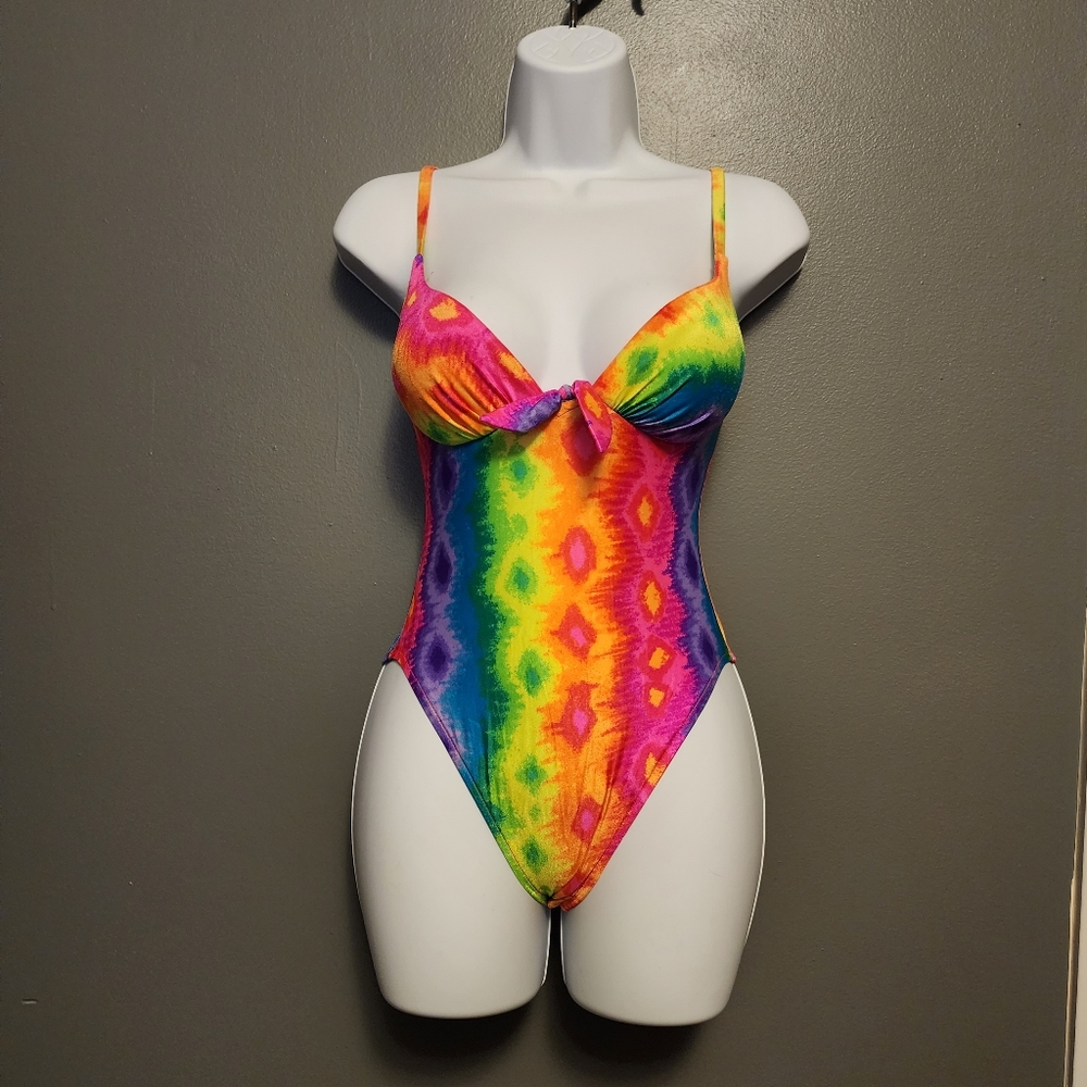 VTG 90's Pacific Connections neon rainbow print one piece swimsuit size …